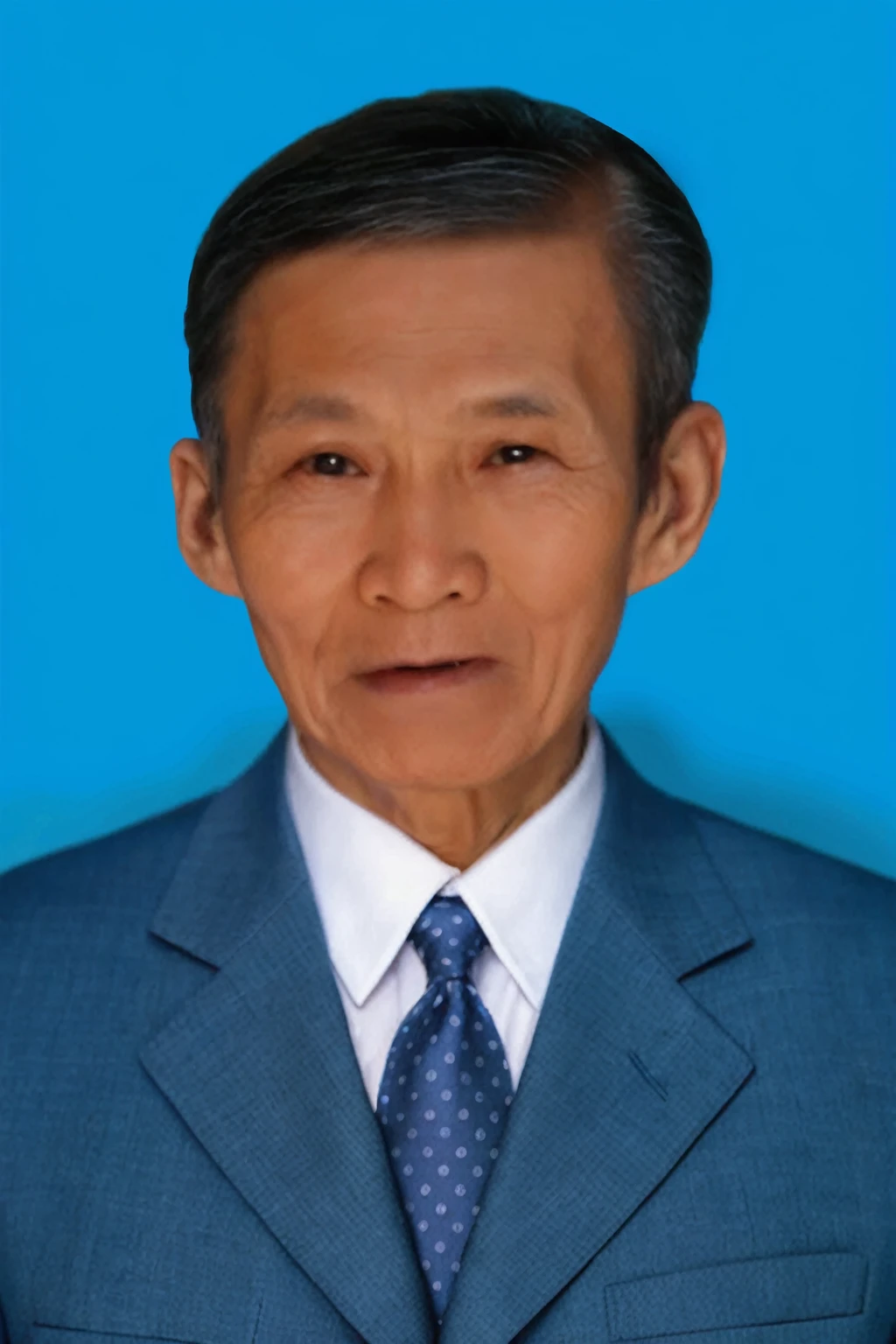 Highly realistic photo, Portrait of a 75 year old Vietnamese old man, blue suit, open mouth, flat white hair