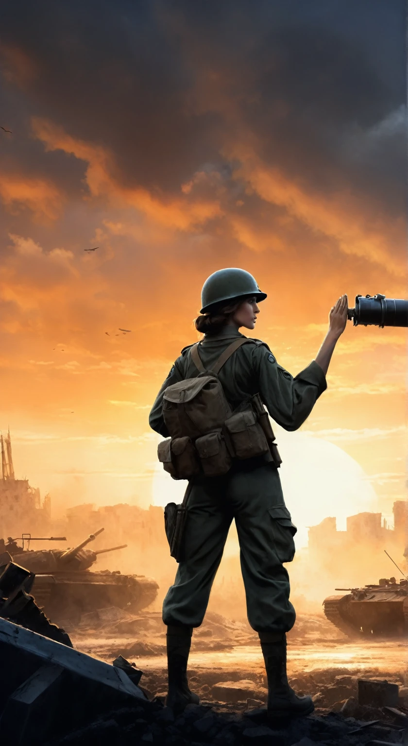 (A female soldier stands on the left and touches the tank gun barrel,Saying goodbye,Background is the ruins of the city,Under the sunset:1.5)painting masterpiece, Extremely detailed, Black White Dark Steel Dark Blue Black Light Brown Dark Brown White Light Orange Dark Red Dark Green, Dramatic Lighting, evening, High contrast, steam, FOG, Israeli soldiers fighting with tanks on the battlefield, Movie Lighting, Aspect ratio of 16:9, steam, 4K, professional ominous Concept Art, author:artgerm and greg rutkowski, complex, elegant, Highly detailed digital painting, Concept Art, Smooth, Clear focus, illustration, Simon Starenhagen's style, Wayne Barlow, 和 igor kieryluk., Acrylic painting, Popular in pixiv Fan Box, Palette knife and brush strokes, Makoto Shinkai's styleJamie WiseJames GirardEdward HopperGreg RutkowskiStudio GhibliGenshin Impact