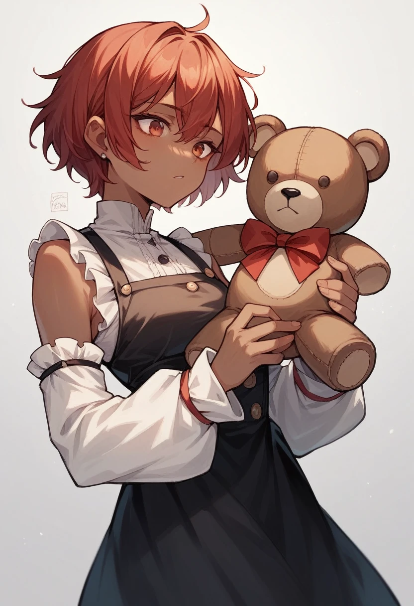 A small one with dark skin,short and red hair, with black dress and white sleeves,holding a teddy bear