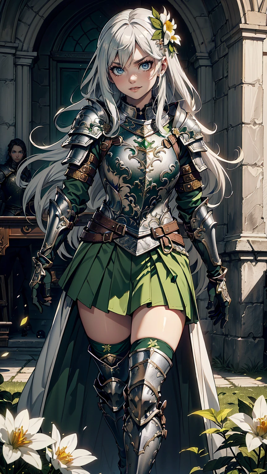 最high quality、Ultra High Definition, Ultra High Quality, Hyper Definition, Hyper Quality, Hyper Detailed, Extremely Detailed, Perfectly Detailed, Best image quality、masterpiece、anime woman((20-year-old、super dynamic pose , Green solid eyes, Silver long Hair、Disheveled Hair、Long White Hair,  Glove、Green Skirt, Noble Armor, Smirk, cheerful expression, Detailed Cuirass , White Flower Barrette, Dressed in Full Coverage Noble Plate Armor, leg armor)),high quality、Beautiful art、background((Inside the mansion))、Written boundary depth、  movie、Visual Arts、Perfect art、8K,Genuine、