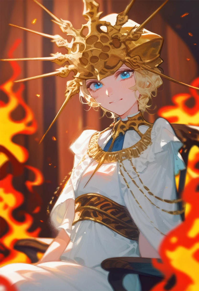 Princess, Blonde, Royal features, smile, White Dress, In the middle of the dark flames, sitting on a wooden chair, Sad but smiling, blue eyes.