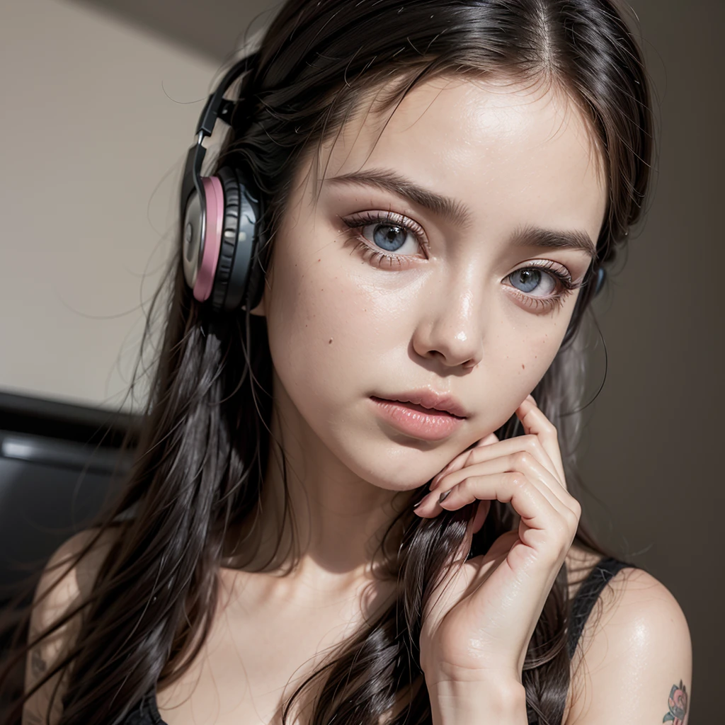 A beautiful tattooed woman. Beautiful pink eyes, pink pupils, long silky hair, beautiful face. Pink painted lips. Long eyelashes, headphones listening to music, chill-out clothing. Neckline. 1 girl, full body. Seductive. 