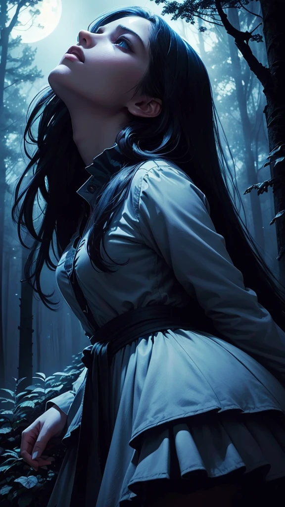 ((masterpiece)),((Highest quality)),((Lots of details)),((Realistic feel)), ((look up)), Pitch Black, night, Deep in the forest, Moonlight shines, ((Cool blue shade)), Perfect girl silhouette, Long hair longer than the waist, Sharp focus, High Sky, Dim and dim, High Contrast