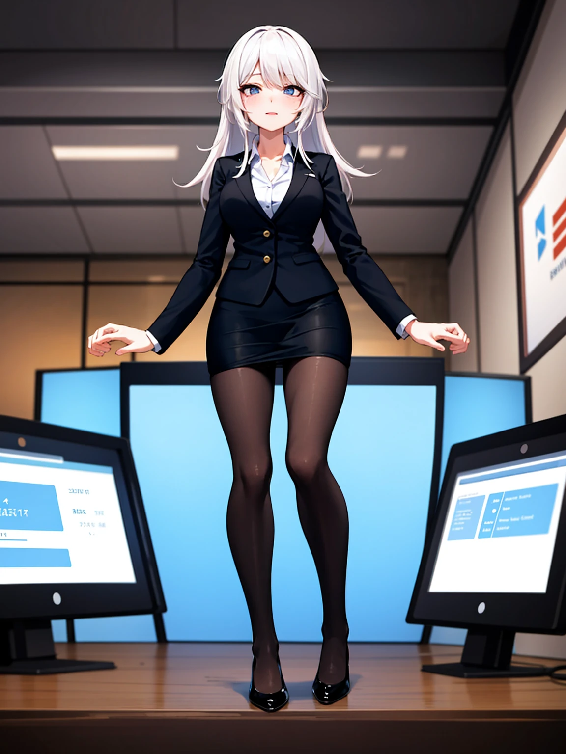 (Tabletop, Highest quality:1.2),whole body, office lady, Very delicate eyes, Well-formed face, ID card,Normal chest, Tight Skirt,Black pantyhose,Black pumps, In 8K
