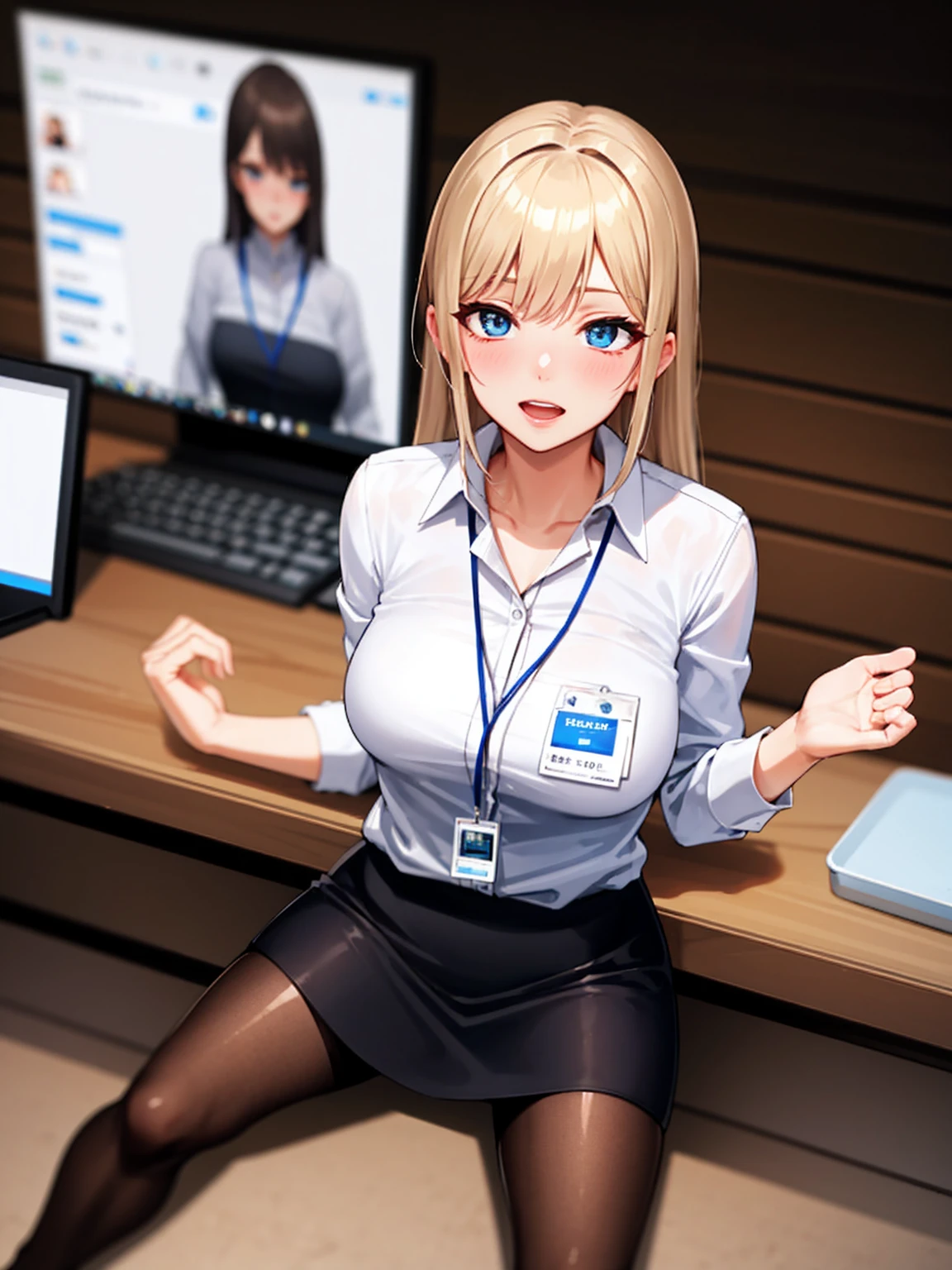 (Tabletop, Highest quality:1.2),whole body, office lady, Very delicate eyes, Well-formed face, ID card,Normal chest, Tight Skirt,Black pantyhose,Black pumps, In 8K