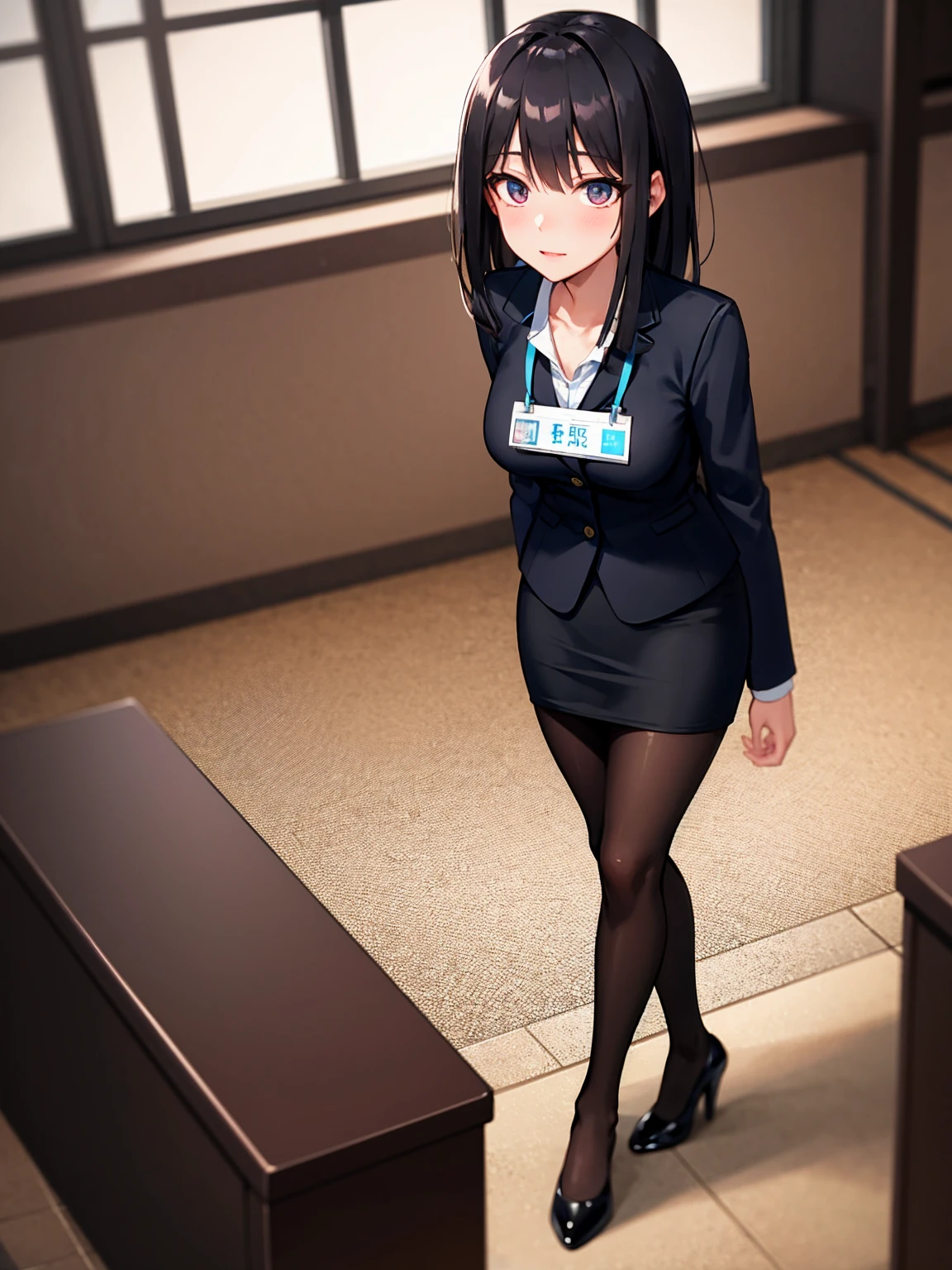 (Tabletop, Highest quality:1.2),whole body, office lady, Very delicate eyes, Well-formed face, ID card,Normal chest, Tight Skirt,Black pantyhose,Black pumps, In 8K