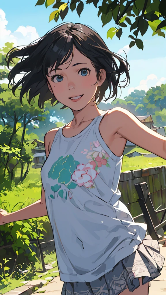 reasonable design, Clear lines, High Sharpness, (highest quality,8K,Perfect sharpness,Ultra fine,High resolution,masterpiece:1.2), Perfect Anatomy:1.5, Official Art, Illustrations that tell a story, (Whitish background:0. 9)、Body Positivity、More Mr.Physical expression、(Random and mischievous poses)、Perfect beauty、Perfect beautiful face、Strong winds、A rich expression、Dynamic composition、smile、Golden ratio composition、colorful、(Mr.Different angles and perspectives)、anime art、mini skirt、(Overcoming stereotypes)、 Glowing Skin、(Natural beauty)、smile、bangs、Straight Hair、(Soft and flowing hair)、(Rural Scenery)、(Nostalgic atmosphere)、Insert up to the thighs、(Playful and carefree)、(More Mr.Ethnic characters)、(innocent attitude)、(Sunny atmosphere)、Skirt flipped up、(Bright colors)、Belly button exposed、Beautiful Eyes、A skirt fluttering in the wind、Put it in to your feet、Some composition patterns、Tank top、ル、sensuous、Geometric pattern、