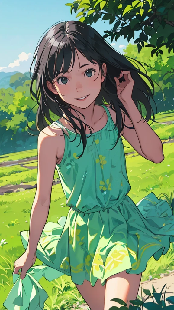 reasonable design, Clear lines, High Sharpness, (highest quality,8K,Perfect sharpness,Ultra fine,High resolution,masterpiece:1.2), Perfect Anatomy:1.5, Official Art, Illustrations that tell a story, (Whitish background:0. 9）、Body Positivity、More Mr.Physical expression、（Random and mischievous poses）、Perfect beauty、Perfect beautiful face、Strong winds、A rich expression、Dynamic composition、smile、Golden ratio composition、colorful、（Mr.Different angles and perspectives）、anime art、mini skirt、（Overcoming stereotypes）、 Glowing Skin、（Natural beauty）、smile、bangs、Straight Hair、（Soft and flowing hair）、（Rural Scenery）、（Nostalgic atmosphere）、Insert up to the thighs、（Playful and carefree）、（More Mr.Ethnic characters）、（innocent attitude）、（Sunny atmosphere）、Skirt flipped up、（Bright colors）、Belly button exposed、Beautiful Eyes、A skirt fluttering in the wind、Put it in to your feet、Some composition patterns、Tank top、ル、sensuous、Geometric pattern、