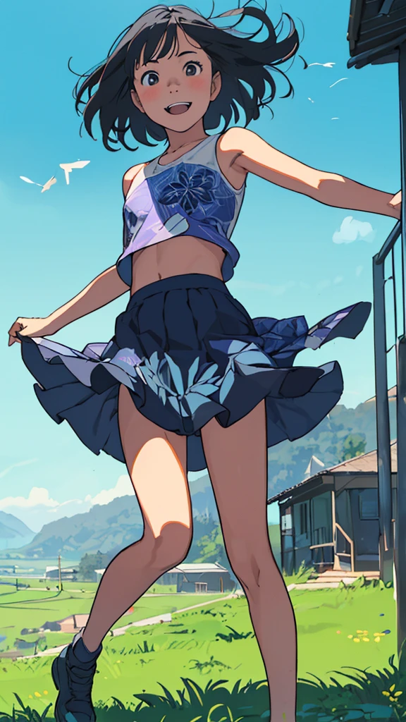 reasonable design, Clear lines, High Sharpness, (highest quality,8K,Perfect sharpness,Ultra fine,High resolution,masterpiece:1.2), Perfect Anatomy:1.5, Official Art, Illustrations that tell a story, (Whitish background:0. 9）、Body Positivity、More Mr.Physical expression、（Random and mischievous poses）、Perfect beauty、Perfect beautiful face、Strong winds、A rich expression、Dynamic composition、smile、Golden ratio composition、colorful、（Mr.Different angles and perspectives）、anime art、mini skirt、（Overcoming stereotypes）、 Glowing Skin、（Natural beauty）、smile、bangs、Straight Hair、（Soft and flowing hair）、（Rural Scenery）、（Nostalgic atmosphere）、Insert up to the thighs、（Playful and carefree）、（More Mr.Ethnic characters）、（innocent attitude）、（Sunny atmosphere）、Skirt flipped up、（Bright colors）、Belly button exposed、Beautiful Eyes、A skirt fluttering in the wind、Put it in to your feet、Some composition patterns、Tank top、ル、sensuous、Geometric pattern、