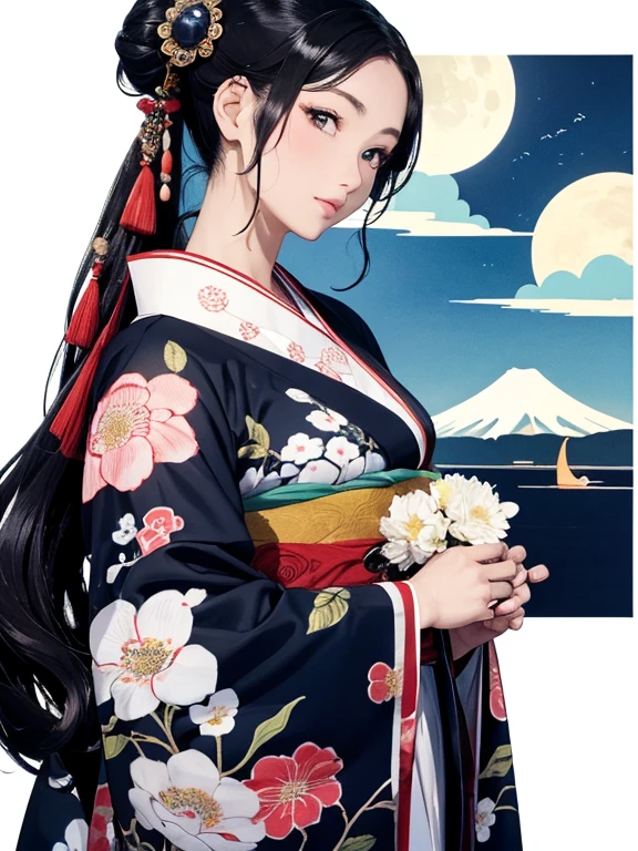 (Highest quality、masterpiece、High resolution、8K)、Ukiyo-e、Vibrant colors、Katsushika Hokusai、1 female、Black hair Japanese topknot、whole body、The kimono has a vivid floral pattern on a white background.、Official Art、背景はUkiyo-e風、White waves and Mt. Fuji、Flowers and Moon、White waves and the moon