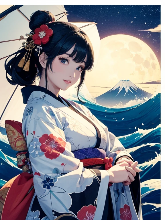 (Highest quality、masterpiece、High resolution、8K)、Ukiyo-e、Vibrant colors、Katsushika Hokusai、1 female、Black hair Japanese topknot、whole body、The kimono has a vivid floral pattern on a white background.、Official Art、背景はUkiyo-e風、White waves and Mt. Fuji、Flowers and Moon、White waves and the moon