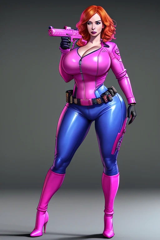 Imagine Christina Hendricks as a Fortnight character, Christina Hendricks as an video game character, alluring 48 year old woman, High-quality facial research of Christina Hendricks, (Christina's sculpted cheekbones and slight wrinkles around the face), High-quality detailed research of Christina Hendricks voluptuous figure. ((aiming at the viewer with a pink gun)), skin-tight blue leather suit, utility belt, two pistols, ((holding a pink handgun)), (((decent looking pink handgun)))). Whole body, Casual pose, Beautiful pose, (Extremely detailed CG 8k wallpaper), (Extremely delicate and beautiful), (Masterpiece), (Best quality: 1.0), (Ultra-high resolution: 1.0), Beautiful lighting, Perfect lighting, Realistic shadows, [high resolution], Detailed skin, Super detailed (((Colorful))), Digital art, Fortnight concept art, full body concept art, Expert concept art with high detail, concept-art, third person shooter game concept art, concept-art, Drew Hill style, Video game concept art, 4K, full body portrait
