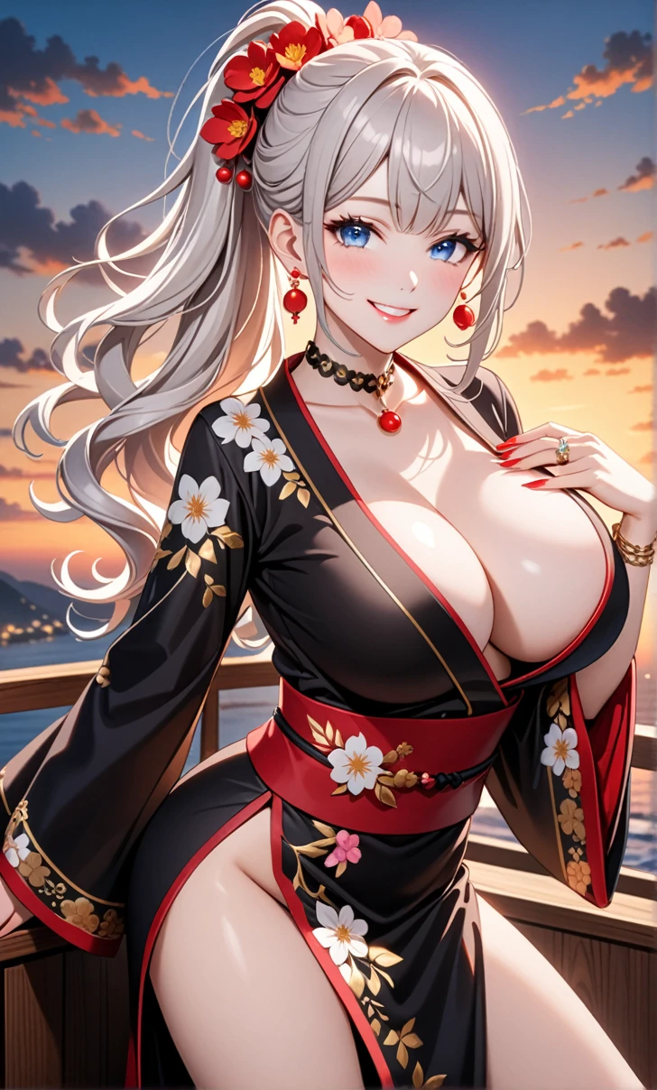 ultra-detailed, ((one girl)), (pale skin:1.4), hyper detailed, absurdres, 8K, fair skin, Beautiful Face, (Laugh shyly), ((teasing smile:1.8)), ((Wink:1.7)), (Laugh with your mouth wide open),((Tilt your head:1.6)), View your viewers, ((Bright red cheeks:1.6)),Glossy Red Lips, ((Big Breasts:1.5)), ((show off breast:1.4)), ((erect nipples)), night, Observation deck with ocean view, ((Anime style background)),masterpiece, Highest quality, so beautiful,Latest, Complex details, (Pink long nails), (nail art), (ring),(bracelet), (Floral Choker),AI-generated, Complex,High resolution, Highest quality, super high quality,3D Images、3D Images,One person,long white hair,(High Ponytail), (wavy hair:1.1), Anime woman posing for a photo, ((Fine grain、blue eyes、glowing eyes:1.4)), (Squint your eyes:1.1),a hyperRealistic , hyperRealistic , Realistic,Anime woman with long white, Smooth anime CG art, Girl in black kimono, Gold embroidery, ((black furisode)),(Large floral pattern) , ((undressing)), Long flower hair ornament,Floral Earrings,Mature Body, tall,Abdominal muscles,Narrow waist,((leaning forward:1.5)), ((model pose:1.3)), (front view),