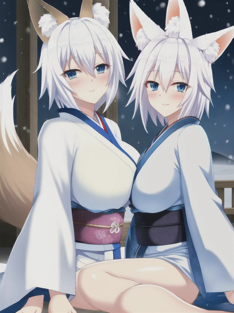 Fox ear, fox tail, white hair, short hair, blue eyes, blush, large breasts, kimono, white kimono, snow, night, looking at viewer, 