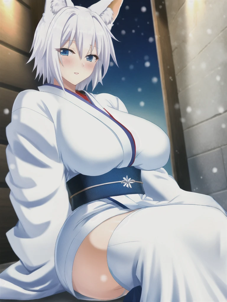 Fox ear, fox tail, white hair, short hair, blue eyes, blush, large breasts, kimono, white kimono, snow, night, looking at viewer,