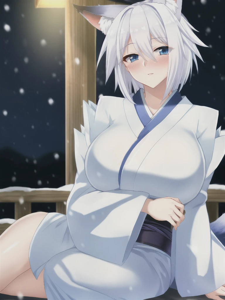 Fox ear, fox tail, white hair, short hair, blue eyes, blush, large breasts, kimono, white kimono, snow, night, looking at viewer,
