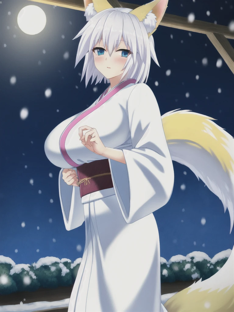 Fox ear, fox tail, white hair, short hair, blue eyes, blush, large breasts, kimono, white kimono, snow, night, looking at viewer,