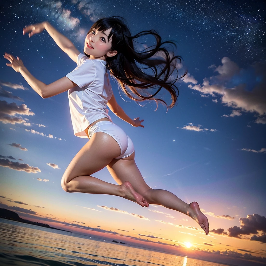 ((ExtremelyDetailed ( KAWAII Girl Floating in the Air:1.37) in WHITE at Dusk Enoshima Beach)), (masterpiece 8K TopQuality) (ProfessionalPhoto:1.37), {(Standing Full Body:1.2)|(from below:1.2)}, Different types of hair colors, {(White skinny(School Swimwear))|(SchoolUniform) with AthleticShorts}, {Correctd Childish hand|Hidden hand|Armpit|Different types of breasts|(Clearly Visible the shape of Butt)}, Joyful Expressions LifeLike Rendering, PerfectLighting, Dazzling Horizon {Colorful Clouds | Starry IridescentParticles} VolumetricLighting (Acutance:0.8)