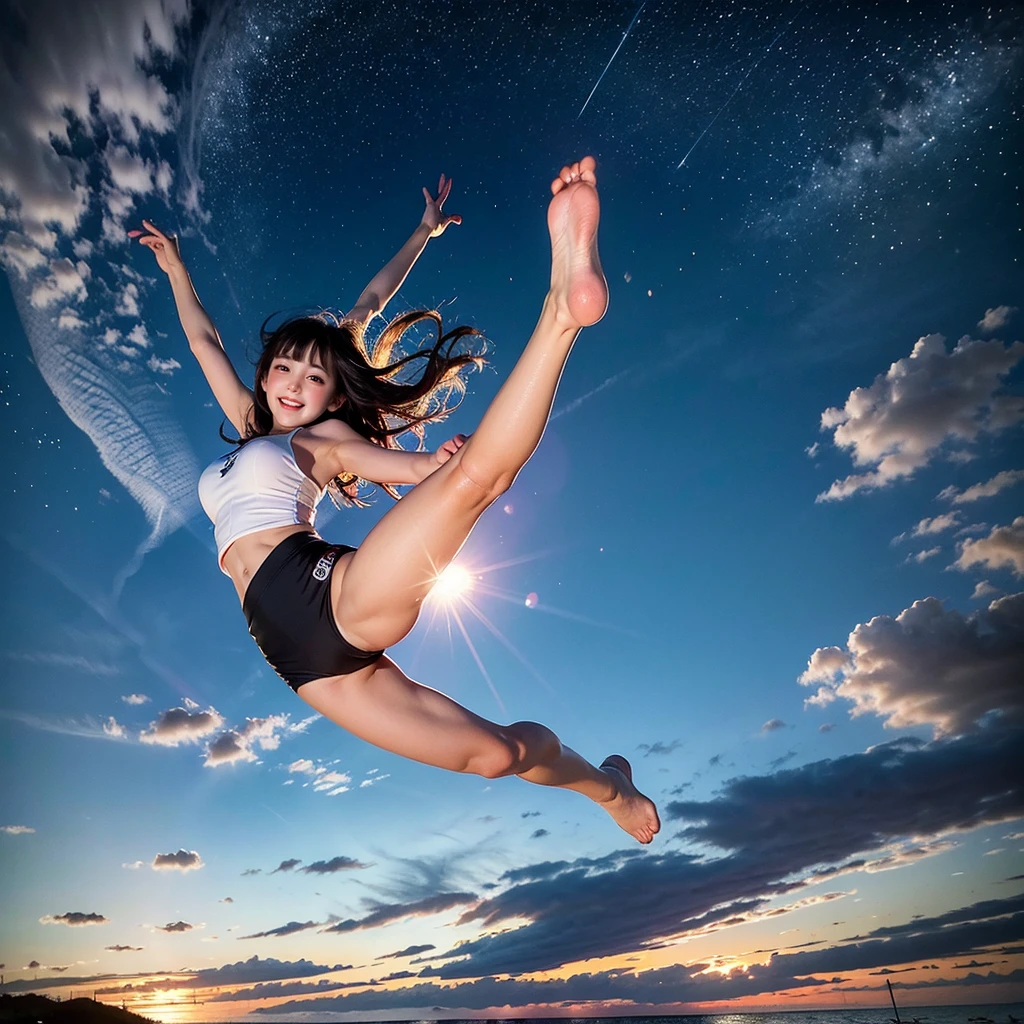 ((ExtremelyDetailed ( KAWAII Girl Floating in the Air:1.37) in WHITE at Dusk Enoshima Beach)), (masterpiece 8K TopQuality) (ProfessionalPhoto:1.37), {(Standing Full Body:1.2)|(from below:1.2)}, Different types of hair colors, {(White skinny(School Swimwear))|(SchoolUniform) with AthleticShorts}, {Correctd Childish hand|Hidden hand|Armpit|Different types of breasts|(Clearly Visible the shape of Butt)}, Joyful Expressions LifeLike Rendering, PerfectLighting, Dazzling Horizon {Colorful Clouds | Starry IridescentParticles} VolumetricLighting (Acutance:0.8)