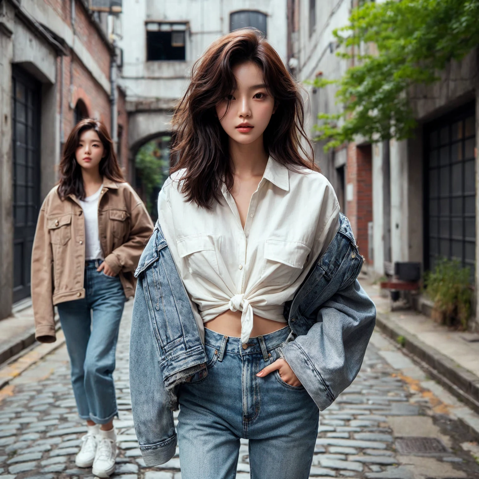 Beautiful young Korean female walking confidently down a cobblestone street in casual, stylish outfits with jackets, shirts, and jeans. The backdrop is a vintage urban setting with buildings and greenery, blending modern style with a cool urban vibe.