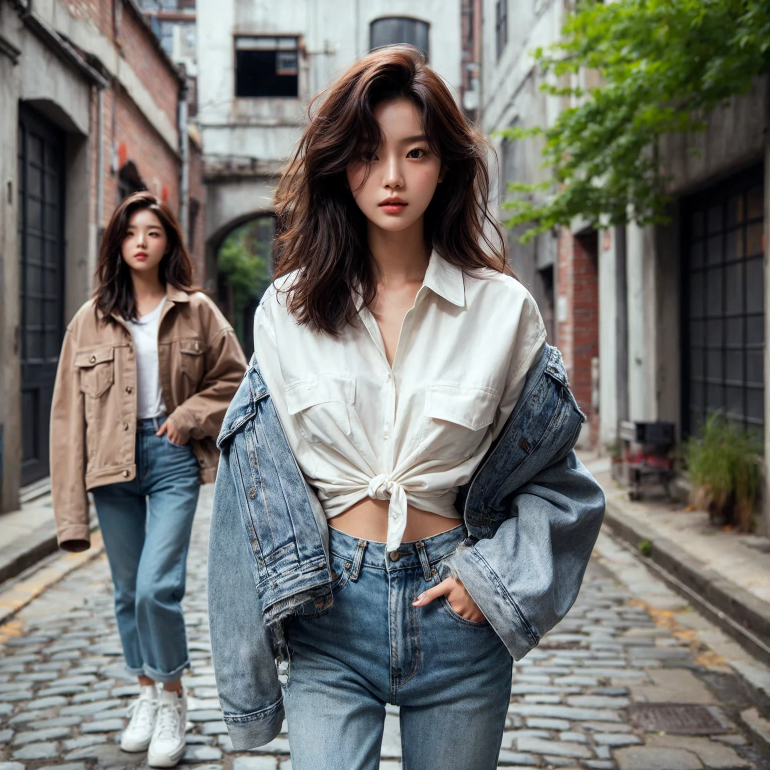 Beautiful young Korean female walking confidently down a cobblestone street in casual, stylish outfits with jackets, shirts, and jeans. The backdrop is a vintage urban setting with buildings and greenery, blending modern style with a cool urban vibe.