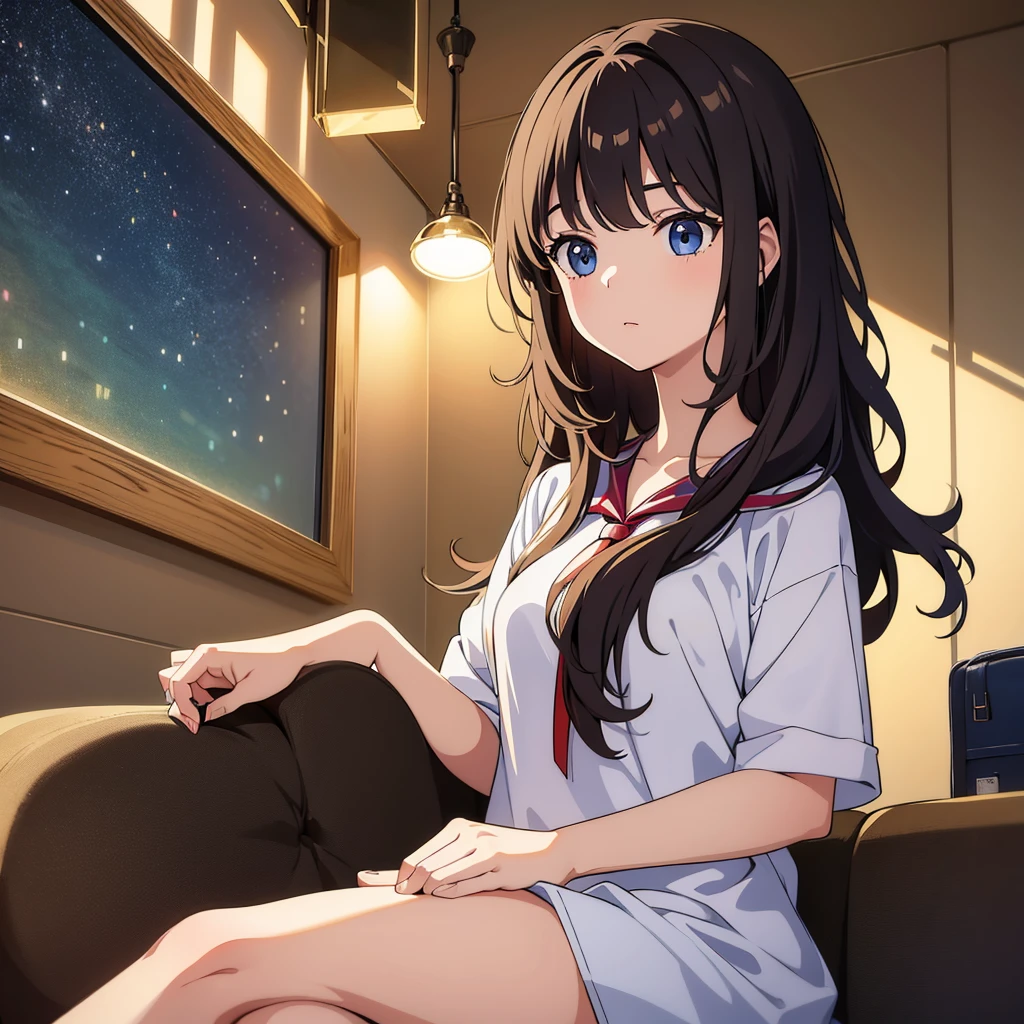 8k, masterpiece, best quality, 1 girl, college age, medium breasts , bangs, soft wavy hair , looking down, Crossing arms