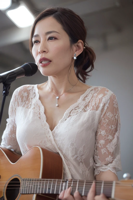 a beautiful mature japanese woman in her 50s, 4 piece rock band, 4 piece band, long eyelashes, low ponytail, red lipstick, pearl necklace, earrings, bold eye shadow, cleavage, flamboyant outfits, guitar bass drums and vocals, (best quality,4k,8k,highres,masterpiece:1.2),ultra-detailed,(realistic,photorealistic,photo-realistic:1.37),cinematic lighting, dramatic colors, dramatic lighting, vibrant colors, hyper detailed, photorealistic, intricate details