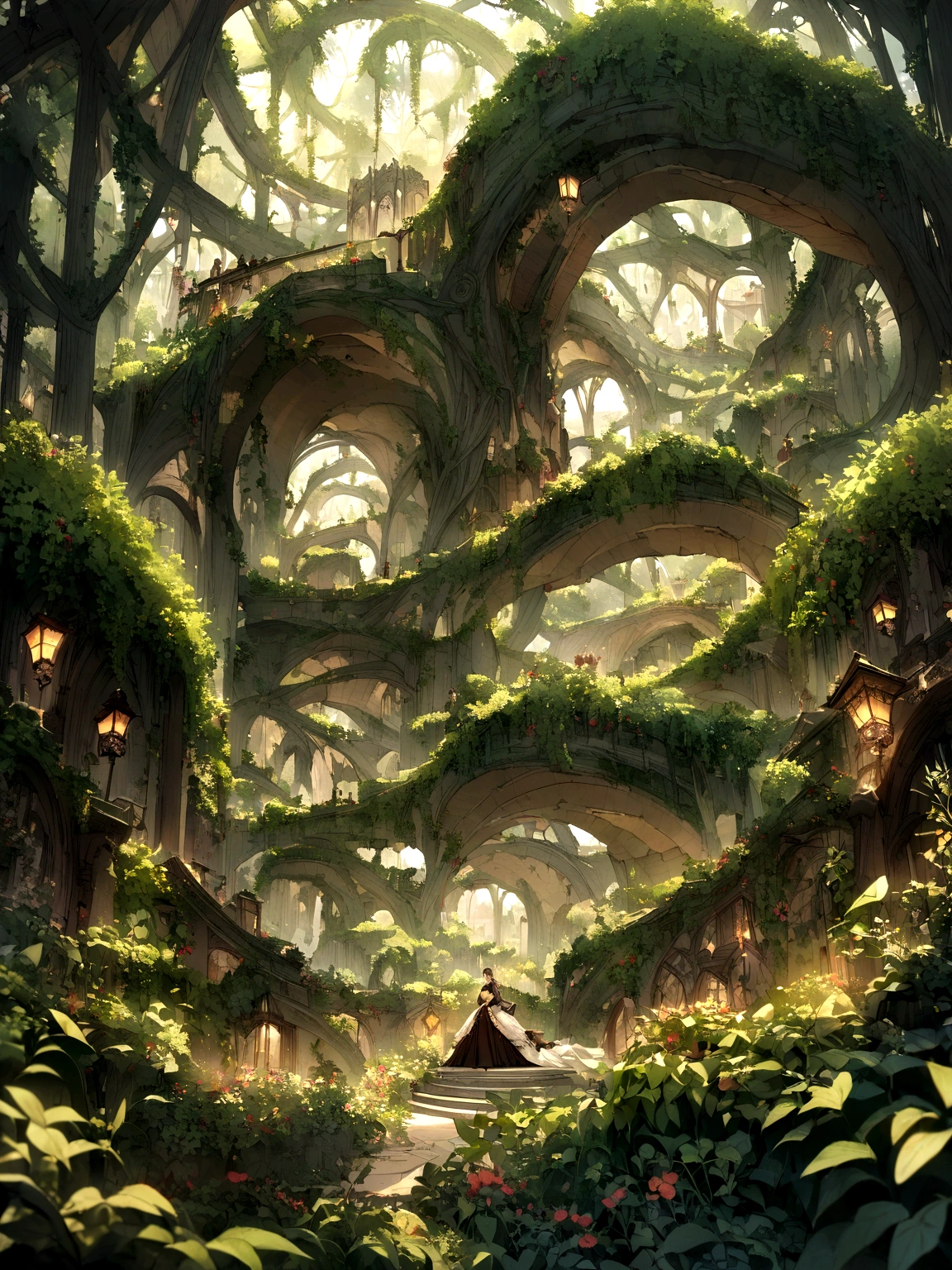 A bottle of tea surrounded by tea garden,Surrounded by a complex of green neighborhoods,oc rendered,Match the environment,exquisite curve,The expression is mysterious,Noble,𝓡𝓸𝓶𝓪𝓷𝓽𝓲𝓬