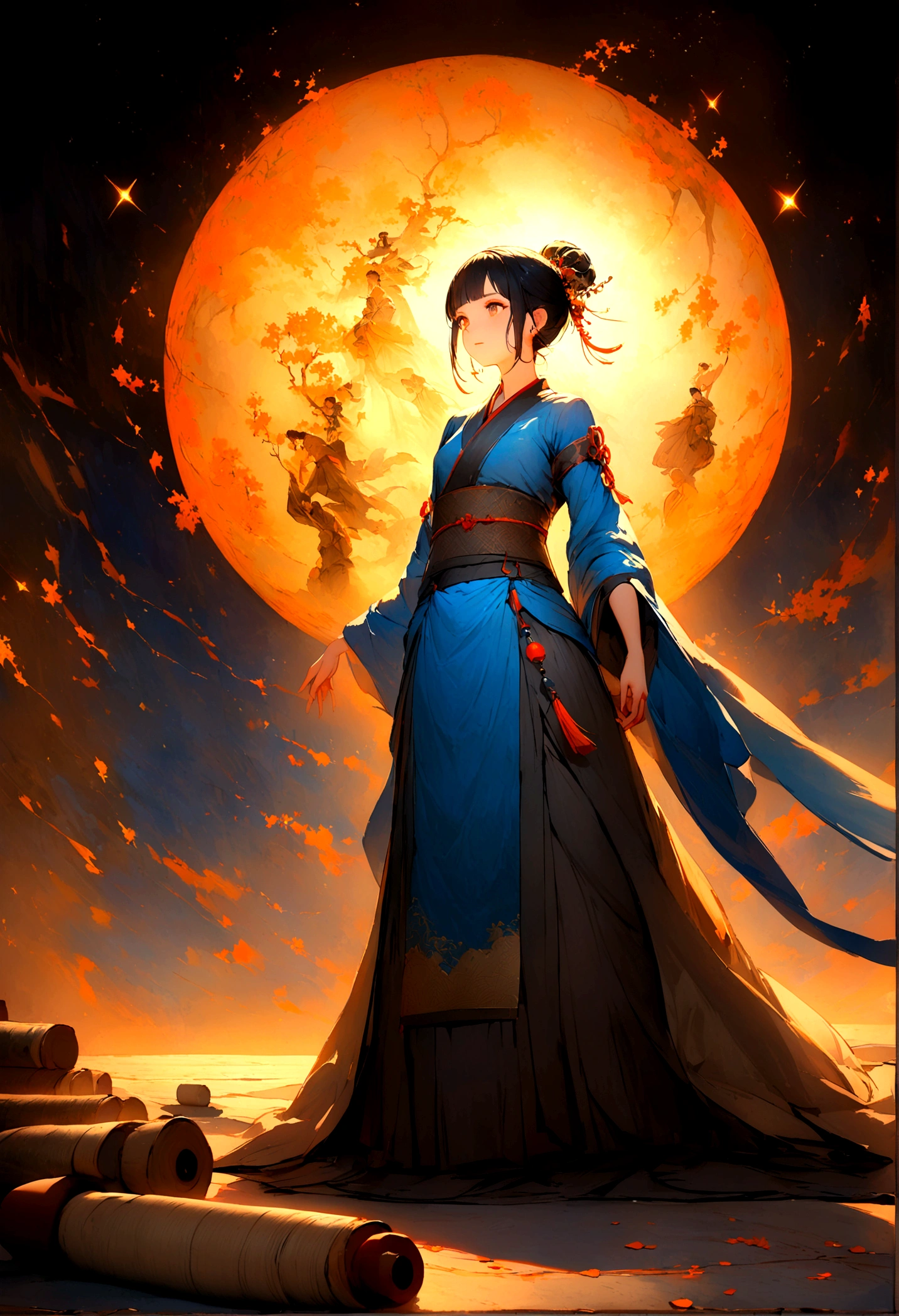 敦煌艺术风格插Painting,Bluish,A mysterious little figure in traditional clothing、Standing on an ancient scroll filled with Buddhist scriptures。,it is,Starlight,dazzling,Light and shadow,Gradient Blue,Blue and Orange,Super epic scenes,Smooth movement,Very delicate brushwork,Soft and smooth,Clean background,Painting,Waiting for 3D rendering to start 
