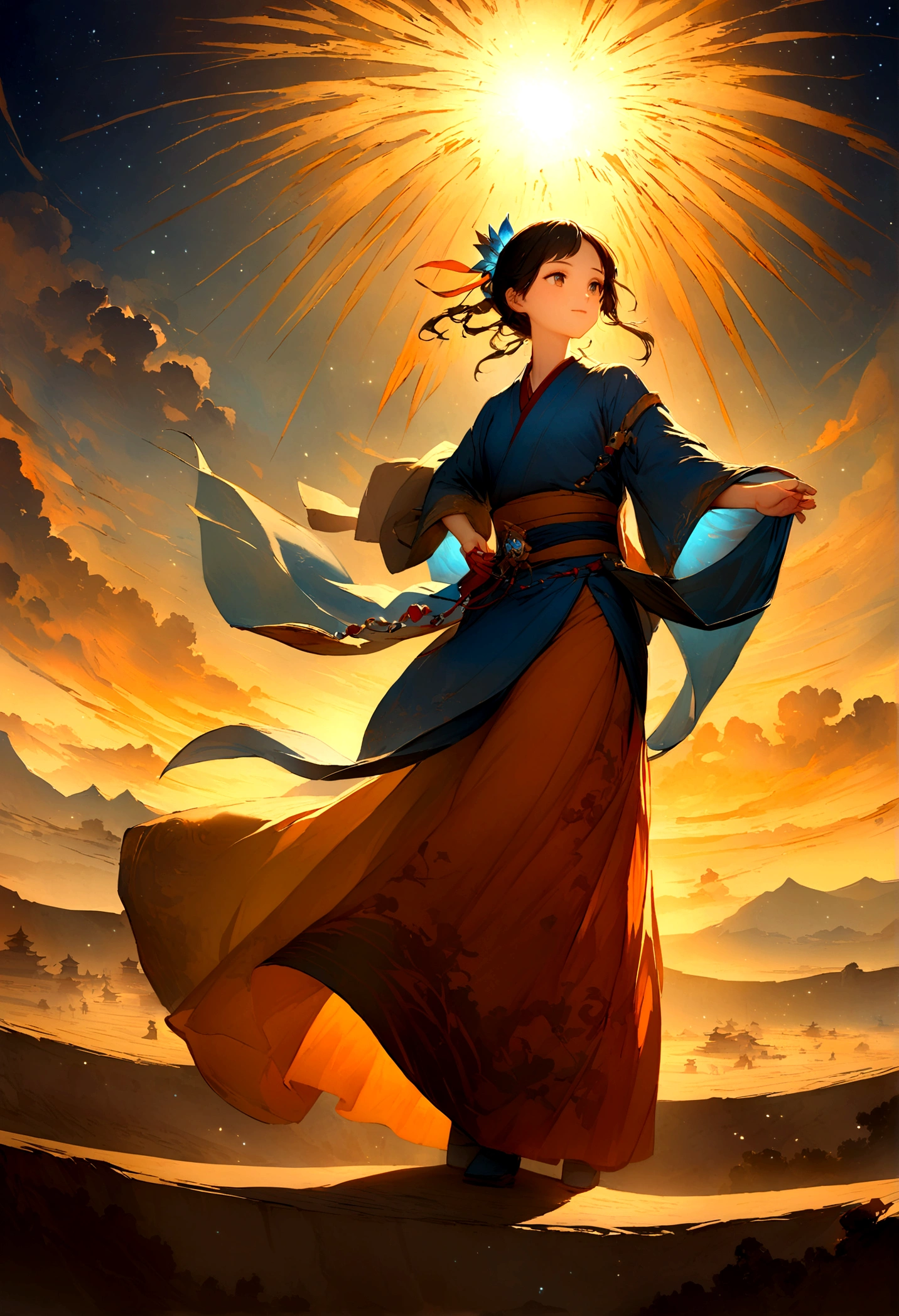 敦煌艺术风格插Painting,Bluish,A mysterious little figure in traditional clothing、Standing on an ancient scroll filled with Buddhist scriptures。,it is,Starlight,dazzling,Light and shadow,Gradient Blue,Blue and Orange,Super epic scenes,Smooth movement,Very delicate brushwork,Soft and smooth,Clean background,Painting,Waiting for 3D rendering to start 
