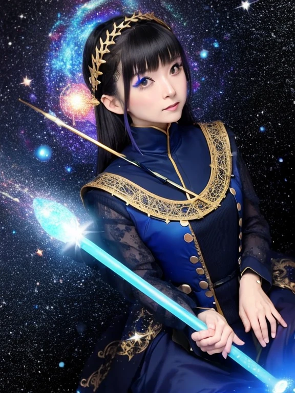 1 Girl, solo, (astrologer), (Circlet),Blue Costume, Cane, magic,
mysterious, Fantasy, grace, Calm, Silence, intellectual, ancient, Beyond time and space, dream, aura,
Dark eyeshadow, Star shaped glitter, Sparkling Highlights, Rich Lip Color, Smokey Eye, mysteriousなアイライナー,
universe space, shooting star, planet,
astrologerがmagicのCaneを使って星を指し示している,
Sparkling meteor shower, magicの光, Reflecting Galaxy
