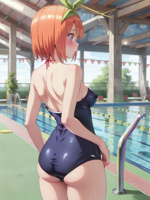 best quality, insanely detailed,yotsuba nakano, poolside background, breasts, blush, back style, one-piece swimsuit, nipple, look into the distance, nsfw