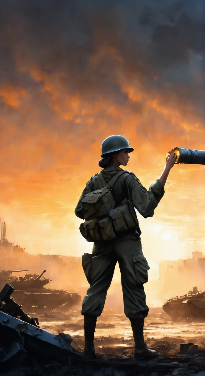 (A female soldier stands on the left and touches the tank gun barrel,Saying goodbye,Background is the ruins of the city,Under the sunset:1.5)painting masterpiece, Extremely detailed, Black White Dark Steel Dark Blue Black Light Brown Dark Brown White Light Orange Dark Red Dark Green, Dramatic Lighting, evening, High contrast, steam, FOG, Israeli soldiers fighting with tanks on the battlefield, Movie Lighting, Aspect ratio of 16:9, steam, 4K, professional ominous Concept Art, author:artgerm and greg rutkowski, complex, elegant, Highly detailed digital painting, Concept Art, Smooth, Clear focus, illustration, Simon Starenhagen's style, Wayne Barlow, 和 igor kieryluk., Acrylic painting, Popular in pixiv Fan Box, Palette knife and brush strokes, Makoto Shinkai's styleJamie WiseJames GirardEdward HopperGreg RutkowskiStudio GhibliGenshin Impact