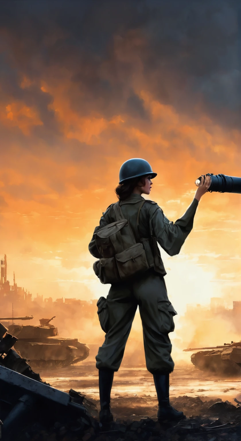 (A female soldier stands on the left and touches the tank gun barrel,Saying goodbye,Background is the ruins of the city,Under the sunset:1.5)painting masterpiece, Extremely detailed, Black White Dark Steel Dark Blue Black Light Brown Dark Brown White Light Orange Dark Red Dark Green, Dramatic Lighting, evening, High contrast, steam, FOG, Israeli soldiers fighting with tanks on the battlefield, Movie Lighting, Aspect ratio of 16:9, steam, 4K, professional ominous Concept Art, author:artgerm and greg rutkowski, complex, elegant, Highly detailed digital painting, Concept Art, Smooth, Clear focus, illustration, Simon Starenhagen's style, Wayne Barlow, 和 igor kieryluk., Acrylic painting, Popular in pixiv Fan Box, Palette knife and brush strokes, Makoto Shinkai's styleJamie WiseJames GirardEdward HopperGreg RutkowskiStudio GhibliGenshin Impact