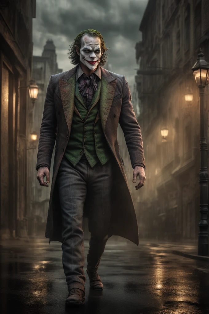 A Joker\(JaredPadalecki\) ,epic, realistic, faded, neutral colors, ((((hdr)))), ((((muted colors)))), intricate scene, artstation, hyperdetailed, cinematic shot, warm lights, dramatic light, intricate details, vignette, complex background, [[teal and orange]], slate gray atmosphere