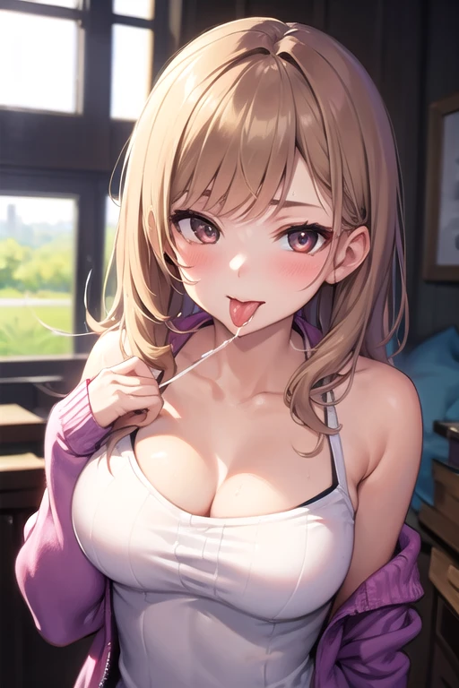 ((best qualityer)), ((work of art)), (detailded), 1 girl, shoulder to shoulder sweater, tongue sticking out, mouth with sperm