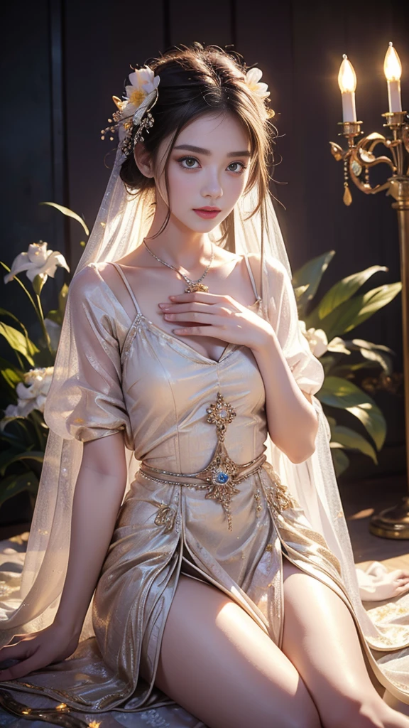 8K, UHD, 1 girl, 18 years old, white firefly clothes, strap clothes, glowing clothes, ornaments, exquisite faces, details, hands, ultimate details, amazing magnificence, Pedaipan style, fiber hair, glowing white iris, ((glowing flower)), sitting,