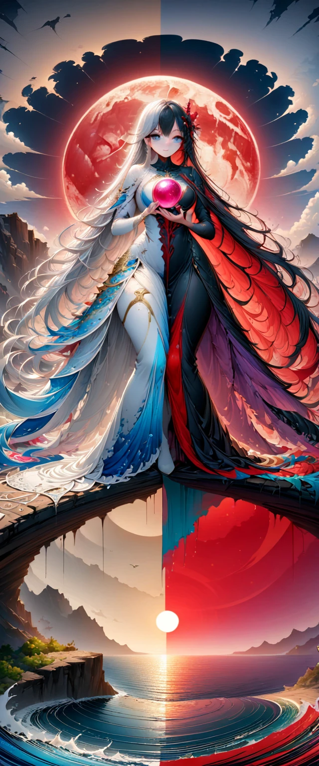Black、White、Blue and Red,(best quality, Extremely detailed, high resolution, Extremely detailed的 CG),Wide-angle lens,Astrologer standing on the edge of a cliff,Holding a magic ball in hand,She is very pretty,She likes blood and the ocean,Blood Rain, mystery,Fanatic, Blood Moon, Surreal,beautiful,The artwork should transition from a pencil drawing style in Black and white on the left half to vibrant colors on the right half, Ensure seamless integration of the two halves,No dividing line, The scenes on both sides are exactly the same, with the left side featuring detailed Black and white pencil strokes and the right side filled with colors, Creating Fusion