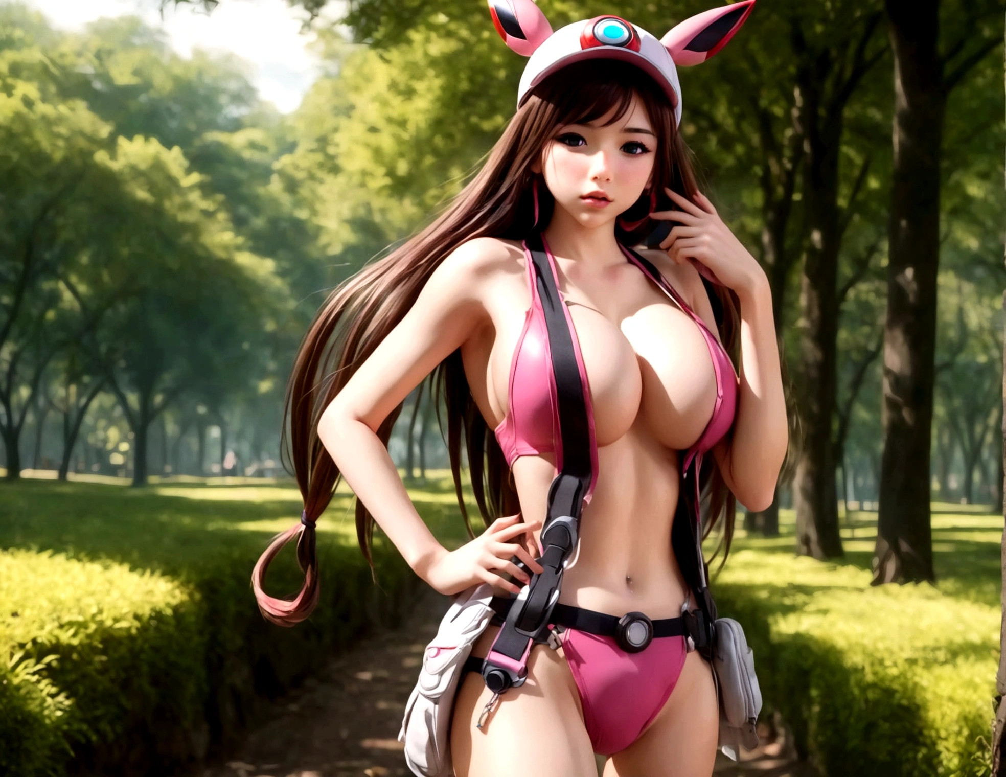 (subject 1:cute woman pokemon trainer) determined look, has tossed a pokeball which releases (subject 2: woman, mega busty, well defined vagina, in pokemon boots and ears, confused and embarrassed, attempting to hand bra) crowded park in daytime, (best quality,4k,8k,highres,masterpiece:1.2),ultra-detailed,(realistic,photorealistic,photo-realistic:1.37),8k, hyperrealistic, extremely detailed, highly detailed, intricate details, soft lighting, vibrant colors, warm palette, dynamic composition, cinematic lighting, depth of field, stunning visuals, striking pose, photorealistic, professional quality, digital art, 3D render, concept art, fantasy, magical realism, whimsical, playful, humorous