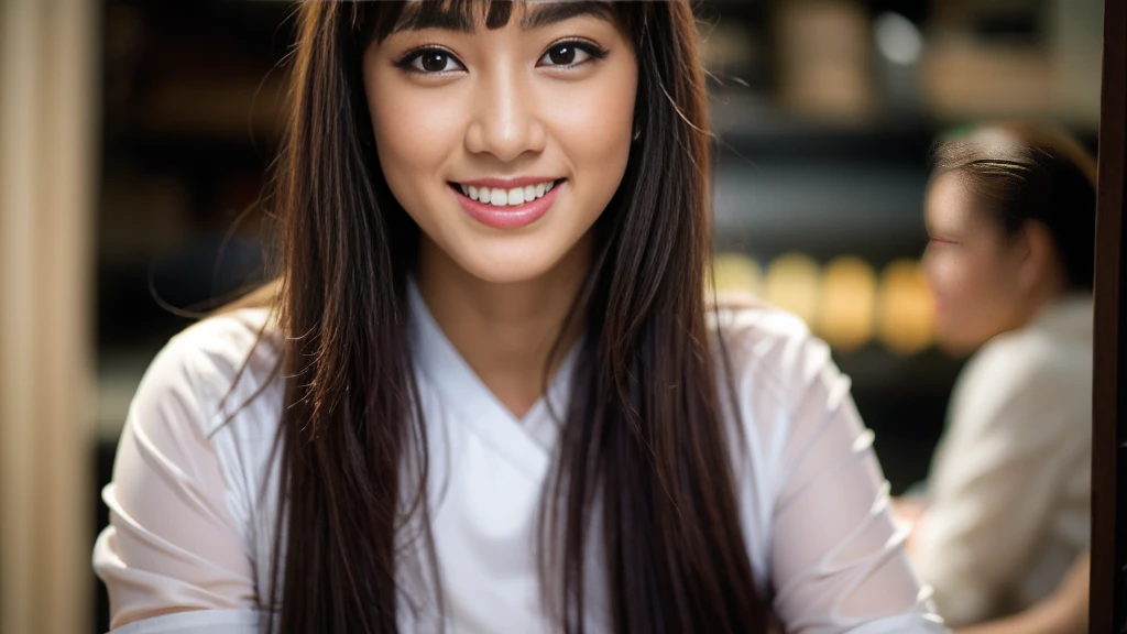 (Masterpiece, best quality, ultra realistic,32k, RAW photo, detail skin, 8k uhd, dslr, high quality, film grain:1.5),1 girl, chef's outfit, long hair, looking at her work, smile, black hair, black eyes, making bread, in the bakery