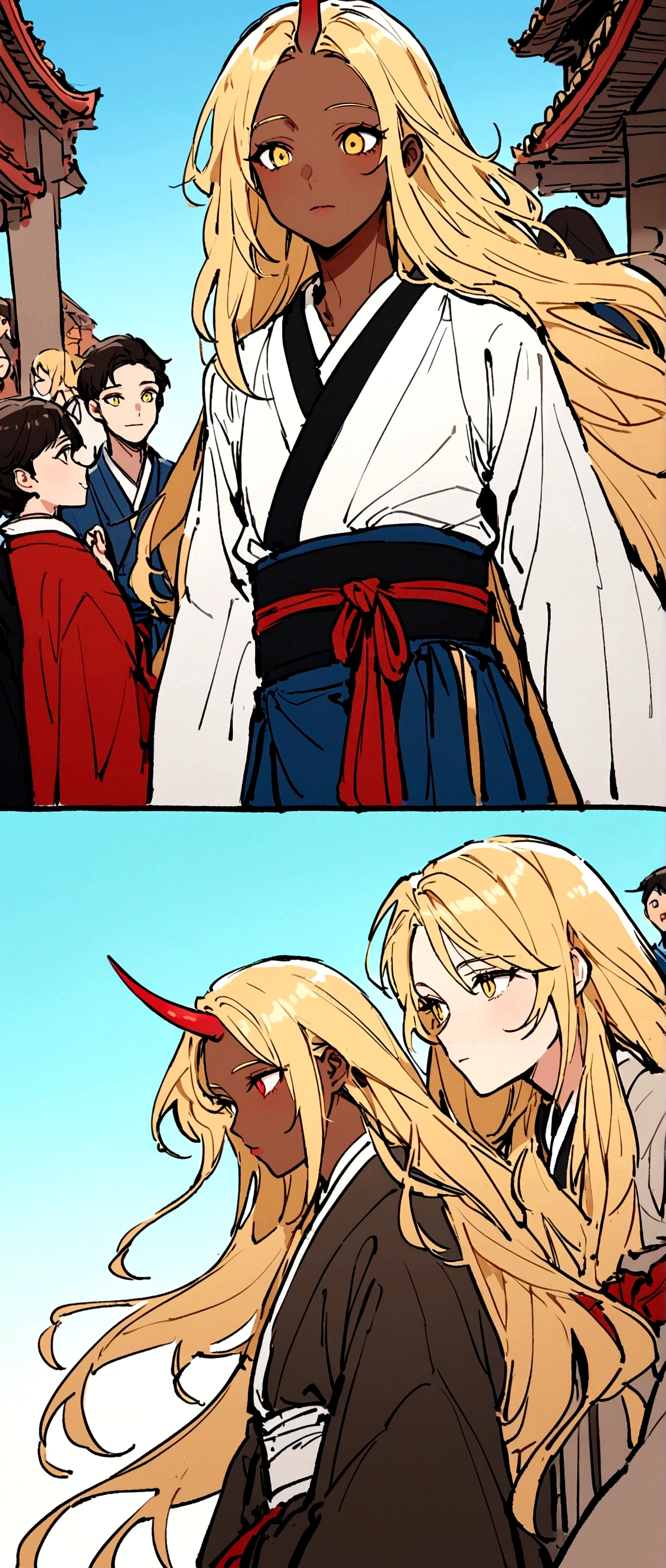 a beautiful young person with blonde hair and dark skin, 20 years old, yellow eyes, a single red horn growing from the right side of their head, the horn has 3 bamboo-like nodes, wearing traditional Korean clothing, long flowing hair down to their waist, talking with multiple people of the same ethnicity, blue sky background
