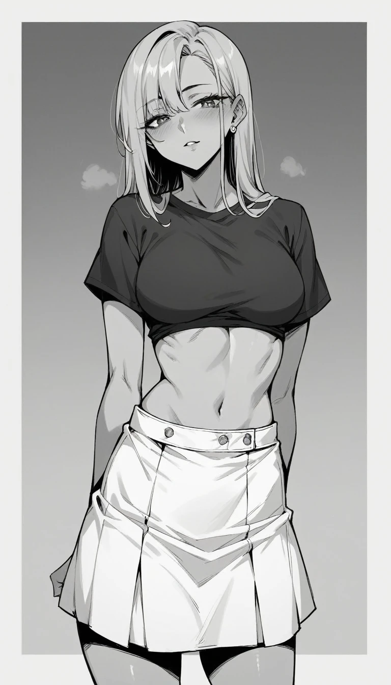 Beautiful girl in a seductive pose. Wearing black top and white skirt. And light skintone leona heidern
