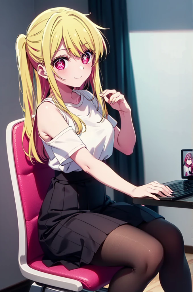 rubyhoshino, Hoshino Ruby, Long Hair, bangs, Blonde, (Pink Eyes:1.3), (Symbol-shaped pupil:1.5), Multicolored Hair, Two-tone hair, happy smile, smile, Close your mouth,
break, Cold Shoulder Shirt,Short sleeve,Long skirt,Black pantyhose,Stiletto heels,There is a computer on the table,sitting cross-legged on a chair,Are standing,interior,whole bodyがイラストに入るように,Daytime,Clear skies,
break indoors, office,
break looking at viewer, whole body,
break (masterpiece:1.2), Highest quality, High resolution, unity 8k wallpaper, (figure:0.8), (Beautiful attention to detail:1.6), Highly detailed face, Perfect lighting, Highly detailed CG, (Perfect hands, Perfect Anatomy),