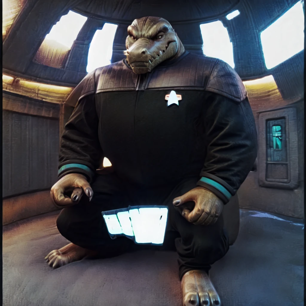 (((Barefoot scaley character, full body, cinematic setting, furry male, plantigrade))) 
Doctor (((kingkrool))), crocodile, green skin, reptile, gold bracelets, scales, bloodshot eye, fat, obese,
exudes confidence and authority, wears star trek DS9 doctor teal uniform, ((ds9st, black and grey star trek uniform, grey shoulders, teal neck, black jumpsuit, black pants)) dynamic pose, holding medical tricorder,
((starship interior with many screens and consoles)), futuristic look, metalic, bright colors
BREAK, intricate details, highly detailed, extreme detail, octane render, fine art, best quality, highres, (detailed face:1.5), ((full_body)), UHD, (((perfect hands))), ((low light:1.5))