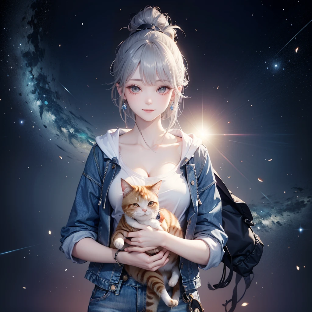 (((Holding a cute orange fat cat with super short legs in both hands,Correct anatomy))),((Highest quality,masterpiece,一位Mature美女,Super thin air parted bangs,Light blue denim gray hooded jacket,Blue gray high ponytail super long straight hair,Double sideburn curly hair,Hair ends curled in,Gray powder clothes,Exposed clavicle,Show earlobes)),((Mature,Smile slightly,Look at the camera head-on)),starry sky galaxy background,Matte denim texture