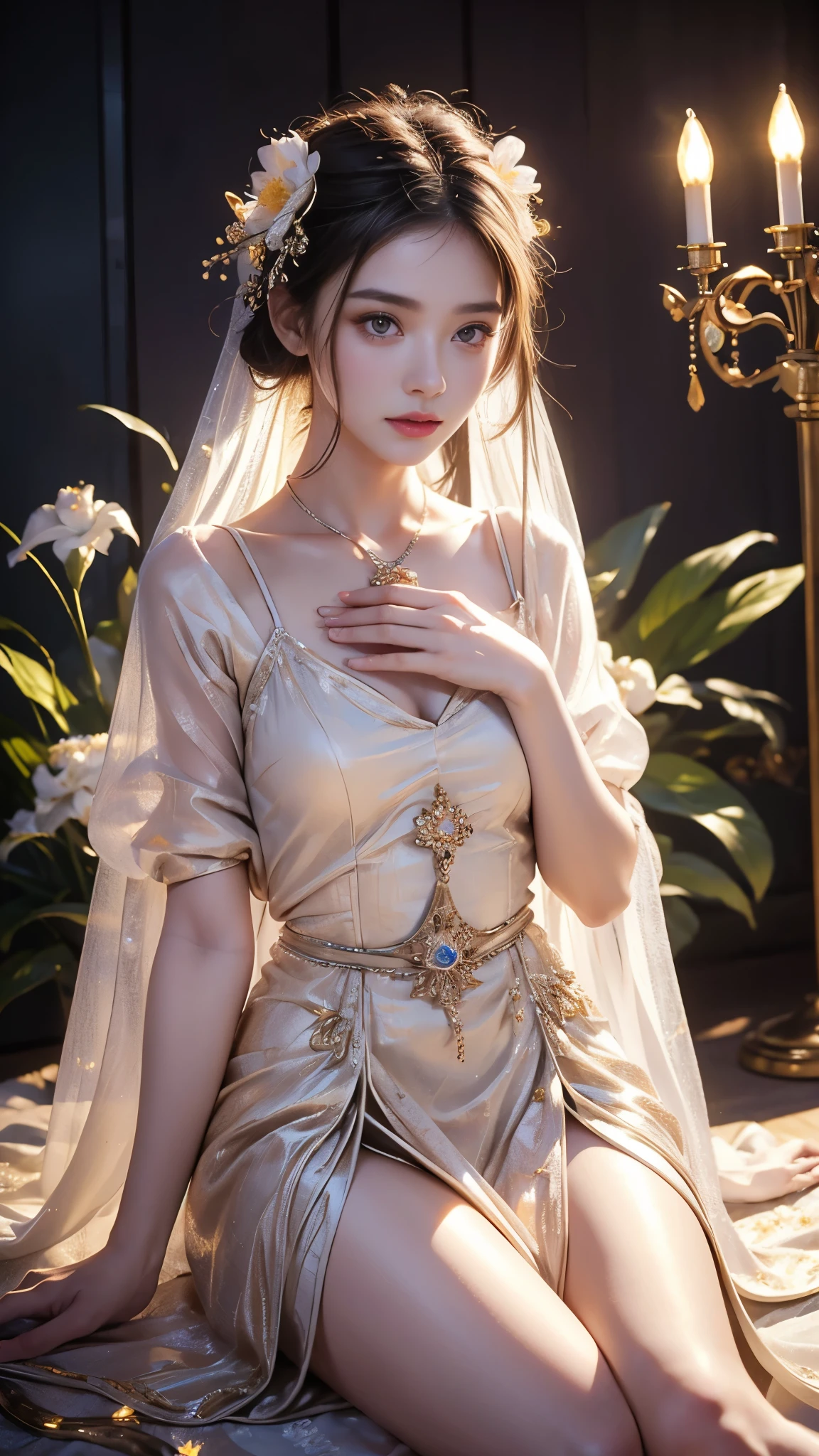 8K, UHD, 1 girl, 18 years old, white firefly clothes, strap clothes, glowing clothes, ornaments, exquisite faces, details, hands, ultimate details, amazing magnificence, Pedaipan style, fiber hair, glowing white iris, ((glowing flower)), sitting,