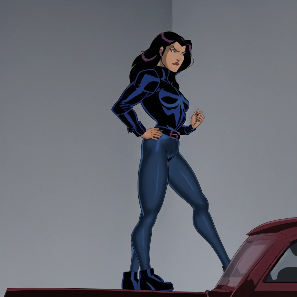Solo, 1girl, Elisa Maza, dusk, masterpiece, highres, top quality, illustration, (dark, gothic, realism, done in the Gargoyles Animated Series style:1.3)
(masterpiece), (best quality), adult(realistic:1.1) face, detailed face, stylized hair
1girl, (medium brown skinned, 24 years old adult woman:1.3), almond shaped brown eyes, dark blue jeans, breasts, (plain black teeshirt:1.2), (NYPD Detective badge on belt badgeholder :1.1), medium breasts, (long dark black hair with blue highlight, stylized, (left side hair parting:1.2):1.3), long sleeves,(open, red leather bomber jacket:1.3), , athletic, (buckle:0.8), wind lift,, eye contact, dark grey hiking shoes