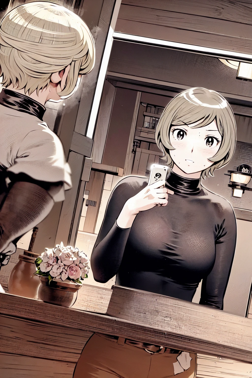 、(masterpiece、Highest quality)、Highest quality, Ultra-high resolution, (((masterpiece))), alone, Sweat、Big eyes,Tight black shirt、Tight white pants、belt、indoor、Composition from the front、(Cut the back hair short、short hair、blonde、woman)、Shortcuts、Embarrassed face、Cut your hair short、可愛いwomanの子、Big Breasts、Inside the room、Full Color、Baseball uniform