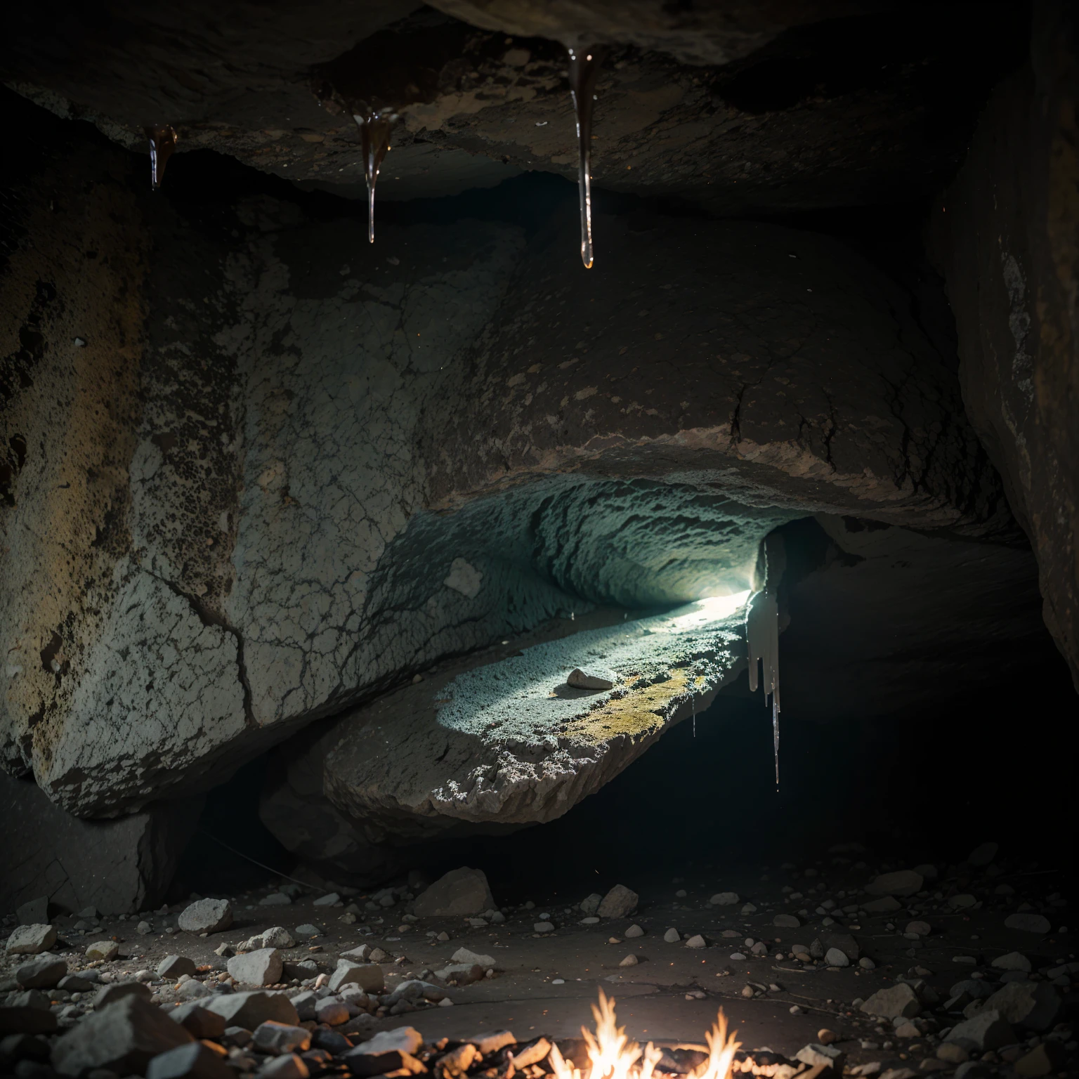 In a place full of stalactites,Artificial stone floor in the middle,There is a little bit of granular blue light above,for campfire bug eggs,There is a faint warm light shining next to the rock wall