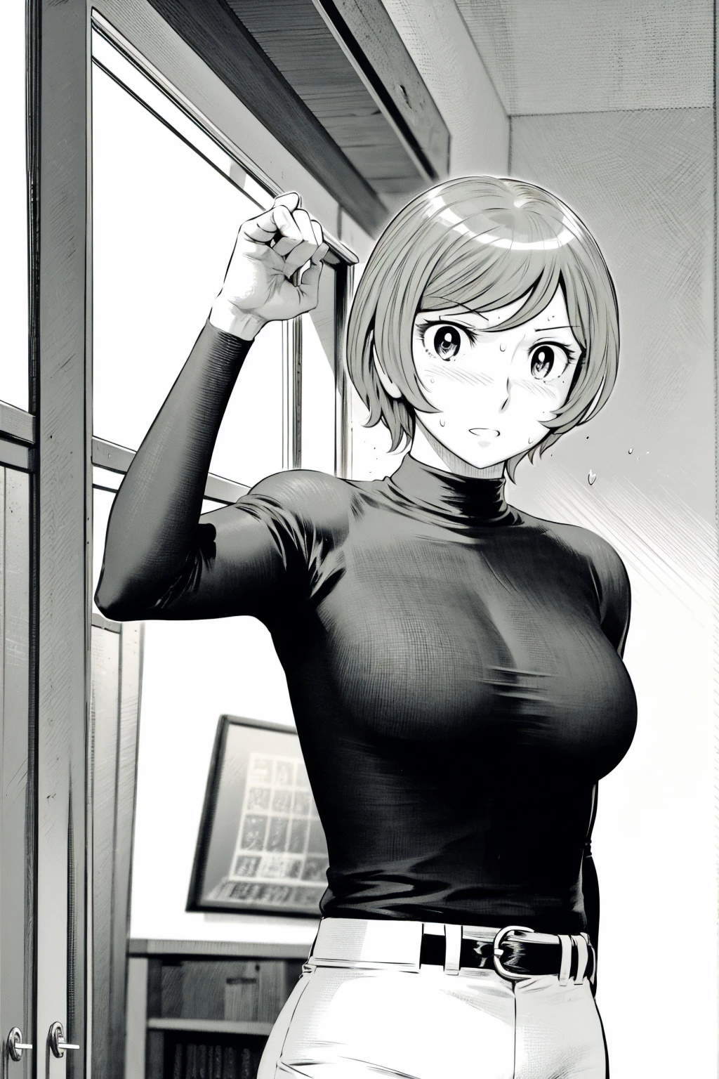 、(masterpiece、Highest quality)、Highest quality, Ultra-high resolution, (((masterpiece))), alone, Sweat、Big eyes,Tight black shirt、Tight white pants、belt、indoor、Composition from the front、(Cut the back hair short、short hair、blonde、woman)、Shortcuts、Embarrassed face、Cut your hair short、可愛いwomanの子、Big Breasts、office